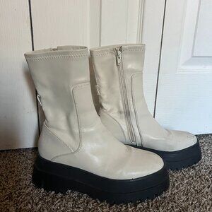 Public Desire Cream Chunky Zip Combat Boots